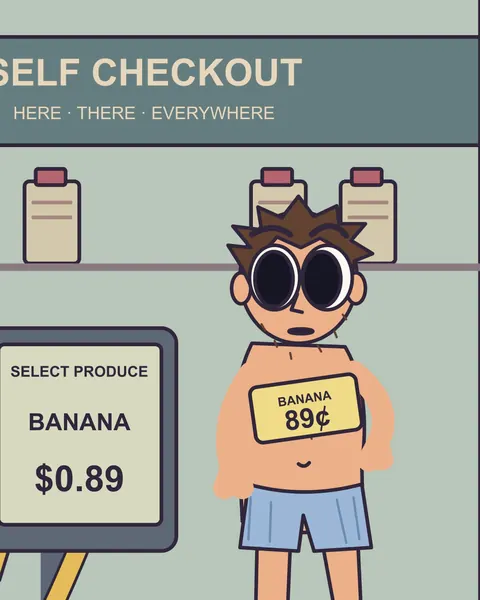 Bill stands on a self-checkout scale wearing an 89-cent banana price tag.