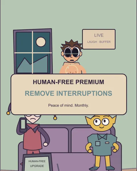 A Human-Free Premium pop-up offering to remove interruptions appears over the roommates' living room.